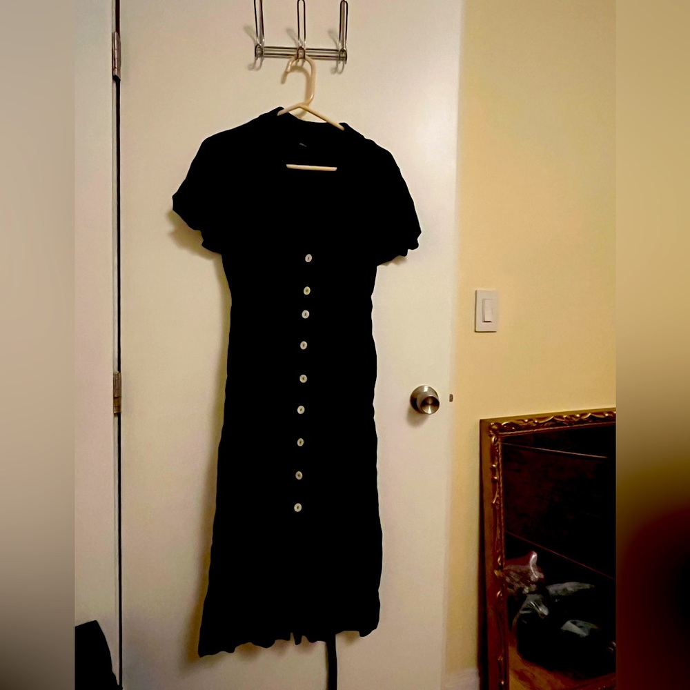 Quince Women's Black Linen Button Front Dress sz L Midi A-Line Short Sleeve PO